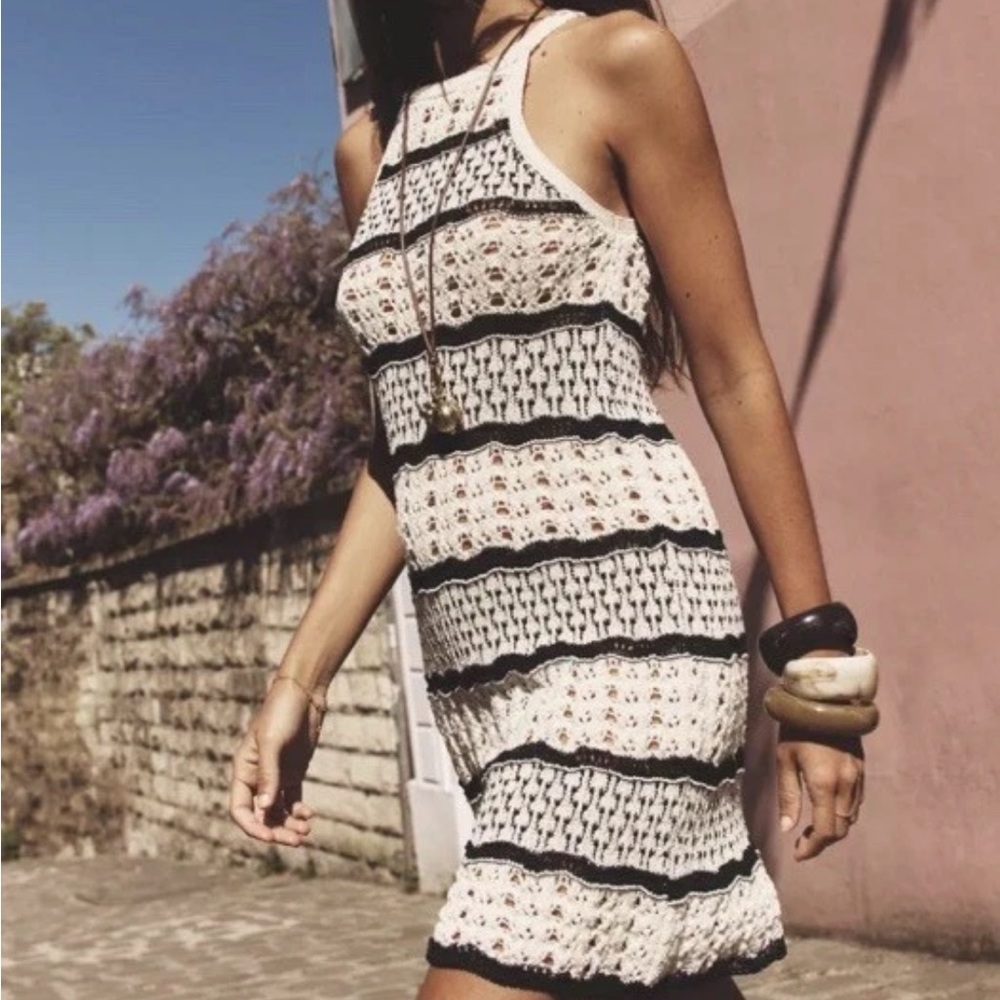 New Zara Crochet Elegant Black and Cream Striped Dress Sz M
